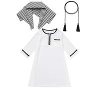 Newborn Muslim Prayer Outfits Infant Toddlers Baby Boys Eid Outfits Islamic Kaftan+Headscarf+Rope Long/Short Sleeve Abaya Sets Arabic Turban Robe Dubai Prayer Clothing White+Grey 6-12M
