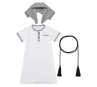 Newborn Muslim Prayer Outfits Infant Toddlers Baby Boys Eid Outfits Islamic Kaftan+Headscarf+Rope Long/Short Sleeve Abaya Sets Arabic Turban Robe Dubai Prayer Clothing White+Grey(Short sleeve) 6-12M