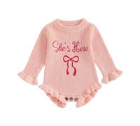 Newborn Outfit Baby Girl Sweater Knit Romper Jumpsuit Coming Home Outfit | She's Here Bow Embroidery Sweater Romper, Baby Girl Ruffle Trim Sweater Onesie, Hello World Baby Outfit