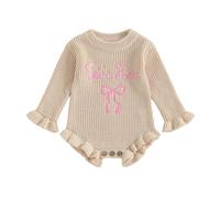 Newborn Outfit Baby Girl Sweater Knit Romper Jumpsuit Coming Home Outfit | She's Here Bow Embroidery Sweater Romper, Baby Girl Ruffle Trim Sweater Onesie, Hello World Baby Outfit