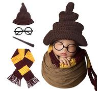 Newborn Photo Booth Props Halloween Wizard Witch Hat Scarf Wand Glasses Frame 4 Pieces Set Crochet Baby Photo Props Halloween Baby Photo Shooting Props Halloween