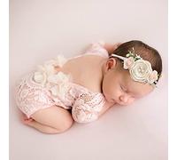 Newborn Photography Props Baby Girl Floral Headbands Cute Infant Lace Romper Outfit Photo Prop Pink