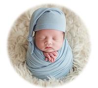 Newborn Photography Wraps with Hat Baby Photo Outfit Girl Stretch Blanket Infant Boy Props for Baby Photo Shoot (Blue)