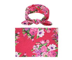 Newborn Receiving Blanket Headband Set Flower Print Babys Swaddle Receiving Blankets for Girls Boys