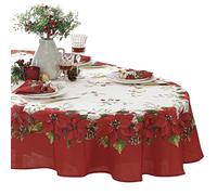 Newbridge Blooming Poinsettia’s Double Bordered Christmas Fabric Tablecloth, Traditional Red and White Poinsettia Print Easy Care, Stain Release Tablecloth, 60 Inch x 84 Inch Oval