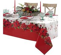 Newbridge Blooming Poinsettia’s Double Bordered Christmas Fabric Tablecloth, Traditional Red and White Poinsettia Print Easy Care, Stain Release Tablecloth, 60 Inch x 144 Inch Oblong/Rectangle