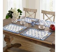 Newbridge Rectangle Fabric Placemats - Set of 4, Mykonos Blue Mediterranean, Indoor/Outdoor, Stain Resistant, No-Iron, Blue Tile Border