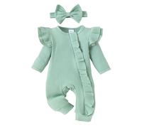 Newbron Baby Ruffle Outfit Set with Bow Headband Infant Zipper Long Sleeve Romper Thin Crew Neck Plain Striped Onesie Lightweight Breathable Soft Comfy Grows (Green, 0-3 Months)