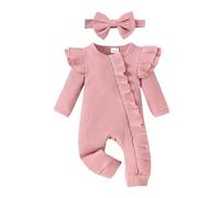 Newbron Baby Ruffle Outfit Set with Bow Headband Infant Zipper Long Sleeve Romper Thin Crew Neck Plain Striped Onesie Lightweight Breathable Soft Comfy Grows (Pink, Newborn)