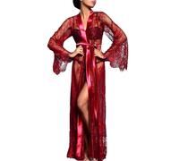 NewBull Women Ladies Sexy Lingerie Long Lace Dress Sheer Gown Kimono Robe Charming Allover Floral Belted Sleep Robes (UK, Alpha, One Size, Regular, Regular, Burgundy)