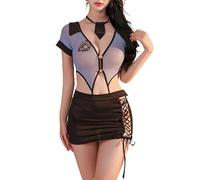 NewBull Women’s Sexy Rave Outfits Cosplay Cop Costume Halloween Lingerie Police-woman Underwear Bedroom Outfit Police Officer Dirty Uniform Naughty Bodysuit Top + Mini Sheer Skirt