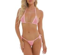 NewBull Women's Sexy Brazilian Micro Bikini Set Transparent Tulle Triangle Bra and Spaghetti Thongs 2 Piece Beach Swimwear V Neck Swimsuit Sets Swimming Costume for Pool Holiday Vacation Pink