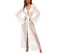 NewBull Womens Sexy Long Robe Sheer Lace Kimono See Through Lingerie Chemise Mesh Babydoll Flared Sleeves Dressing Gown Satin Belt (UK, Alpha, One Size, Regular, Regular, White)