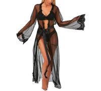 NewBull Womens Sexy Long Robe Sheer Lace Kimono See Through Lingerie Chemise Mesh Babydoll Flared Sleeves Dressing Gown Satin Belt (UK, Alpha, One Size, Regular, Regular, Black)
