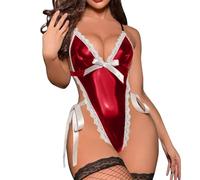 NewBull Women's Wet Look Bodysuit Faux Leather Lingerie Lace Corset Teddy One Piece Thong Jumpsuit Club Latex Costume for Women Sexy (Red, One Size)