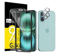 NEW'C 2 Pack for iPhone 16 Screen Protector (6.1 inches) + 2 Pack Camera Lens Protector, Sensor Protection, Case Friendly Tempered Glass Film - Easy installation tool included