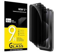 NEW'C 3 Pack Privacy for iPhone 15 Pro Screen Protector (6.1 inches), Anti-Spy Tempered Glass Film,Case Friendly Ultra Resistant,Balanced 28-Degree Privacy Angle - Easy installation tool included