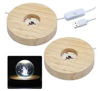 NEWCOMDIGI 2pcs LED Cool White Lights Base, Color Temperature 6000K,Round Wooden Lighted Base, USB Crystal Sphere Holder,Display Stand for 3D Crystal Glass Resin Art