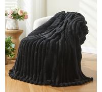 NEWCOSPLAY Super Soft Throw Blanket Black Premium Silky Flannel Fleece 3D Ribbed Jacquard Lightweight Bed Blanket All Season Use (Black Ribbed, Throw(50"x60"))