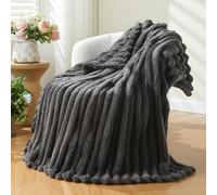 NEWCOSPLAY Super Soft Throw Blanket Dark Grey Premium Silky Flannel Fleece 3D Ribbed Jacquard Lightweight Bed Blanket All Season Use, 130x150 cm