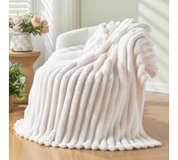NEWCOSPLAY Super Soft Throw Blanket Ivory Premium Silky Flannel Fleece 3D Ribbed Jacquard Lightweight Bed Blanket All Season Use, 130x150 cm