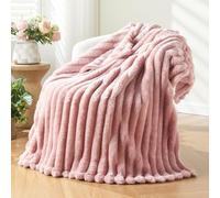NEWCOSPLAY Super Soft Throw Blanket Pink Premium Silky Flannel Fleece 3D Ribbed Jacquard Lightweight Bed Blanket All Season Use (Pink Ribbed, Throw(50"x60"))
