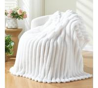 NEWCOSPLAY Super Soft Throw Blanket White Premium Silky Flannel Fleece 3D Ribbed Jacquard Lightweight Bed Blanket All Season Use (White Ribbed, Throw(50"x60"))