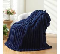 NEWCOSPLAY Super Soft Twin Blanket Dark Navy Premium Silky Flannel Fleece 3D Ribbed Jacquard Lightweight Bed Blanket All Season Use, 150x200 cm