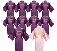 Newcotte 10 Pcs Women's Birthday Party Robes Silk Kimono Robe with Gold Glitter Squad Queen Satin Gown, Pink, Dark Purple, One Size