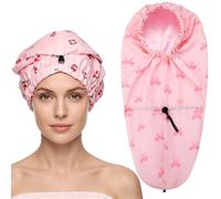 Newcotte 2 Pcs Satin Lined Shower Cap Pink Bow Cherry Print Extra Large Waterproof Bath Cap for Women Reusable Hair Bonnet for Long Thick Hair Braids Curls Spa Accessories
