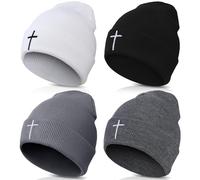 Newcotte 4 Pcs Christian Cross Beanie Jesus Hat Skull Winter Cap Embroidery Knitted Unisex Beanies Faith Religious Gifts for Men Women Teen Christmas Winter Sports