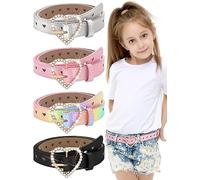 Newcotte 4 Pcs Girls Belt Kids Leather Belts Waist Belt Rhinestone Heart Metal Buckle, Black, Rainbow, Silver, Pink, 18-22 Inch