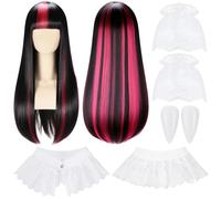 Newcotte 4 Pcs Halloween Vampire Costume Set Pink Black Wig with White Lace Ruffle Collar Lace Gloves Vampire Fake Teeth Fangs Spooky Cute Gothic Halloween Cosplay Accessories for Teenage Women Outfit