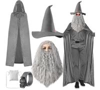 Newcotte 5 Pcs Grey Wizard Costume for Men Wizard Hat Grey Curly Wig and Beard Fluffy Cloak Cape Belt Bag for Adults Halloween Cosplay Outfits
