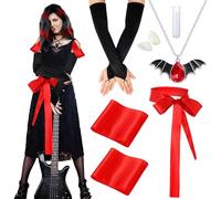 Newcotte 6 Pcs Halloween Gothic Rock Costume Accessory Black Bat Wings Stone Necklace Long Gloves 3 Pcs Red Satin Belt Vampire Fangs Fake Teeth for Women Adults Halloween Cosplay Party