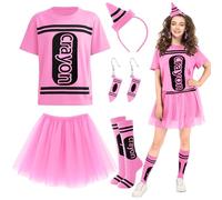 Newcotte 7 Pcs Halloween Crayon Costume Set with Crayon T Shirt Tutu Skirt Thigh High Stockings Wooden Earring, Pink, One Size
