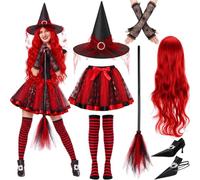 Newcotte 7 Pcs Halloween Witch Costumes for Women, Hat Tutu Socks Gloves Wig Shoe Covers Full Witch Cosplay Party Accessory(Black,Wine Red)
