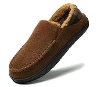 NewDenBer Men's Moccasin Slippers Warm Memory Foam Felted Wool Plush Fleece Lined Slip on Indoor Outdoor House Shoes (13 UK, Brown)