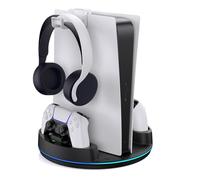 NEWDERY for PS5 /PS5 Slim/PS 5 Pro Stand, Dual Controller Charger Station with RGB Light for PlayStation 5, Vertical Stand for Playstation 5 Digital/Disc Console, Black