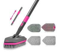 NEWE Bathroom Cleaning Brush, Shower Tub Tile Scrubber, 142 cm Telescopic Long Handled Scrubbing Cleaner Mop, 4 Scrub Heads for Bathtub Floor Baseboard Sink Kitchen Toilet (Grey Red)
