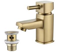 NewEast Basin Tap Square with Waste, Small Single Lever Bathroom Sink Mixer Taps, One Hole Brass Cloakroom Tap Brushed Gold