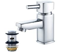 NewEast Basin Taps with pop up Waste,Mono Square Single Lever Chrome Bathroom Sink Mixer Tap for Washroom&Cloakroom