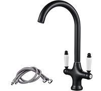NewEast Black Kitchen Tap, Monobloc Dual Lever Swivel Spout Swan Neck Kitchen Sink Mixer Taps