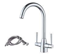 NewEast Kitchen Mixer Taps,Monobloc Swivel Spout Dual Lever Chrome Kitchen Sink Tap with UK Standard Hoses