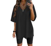 Neweek Womens Oversized Workout T Shirts Short Sleeve V Neck Side Slit T-Shirt Summer Casual Basic Tee Tops Loose Fit, Black, 3XL