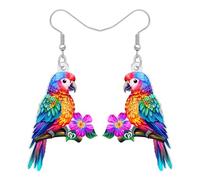 NEWEI Acrylic Cute Tropical Parrot Dangle Earrings Bird Gifts for Bird Lovers Women, Hawaiian Island Charm Tropical Flower with Macaws Statement Jewellery for Beach Lovers (Multi)