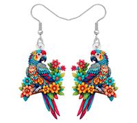 NEWEI Acrylic Cute Tropical Parrot Dangle Earrings Bird Gifts for Bird Lovers Women, Hawaiian Island Charm Tropical Flower with Macaws Statement Jewellery for Beach Lovers (Colorful)