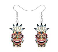 NEWEI Acrylic Funny Hawaiian Style Floral Tribal Tiki Masks Dangle Earrings Vintage Boho Quirky Face Earrings Polynesian Bohemian Jewellery Gifts for Women Luau Party (Brown)