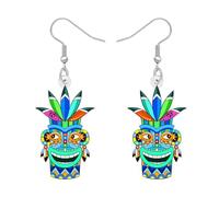 NEWEI Acrylic Funny Hawaiian Style Floral Tribal Tiki Masks Dangle Earrings Vintage Boho Quirky Face Earrings Polynesian Bohemian Jewellery Gifts for Women Luau Party (Blue)