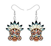 NEWEI Acrylic Funny Tribal Mask Dangle Earrings Vintage Native American Style Feather Design Quirky Face Earrings American Indian Traditional Culture Jewellery Gifts for Women (Brown)